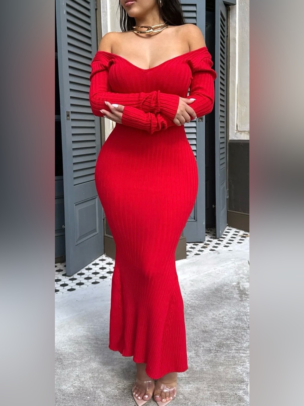 Hot Miami Styles RED RIBBED KNIT LONG SLEEVES MERMAID DRESS